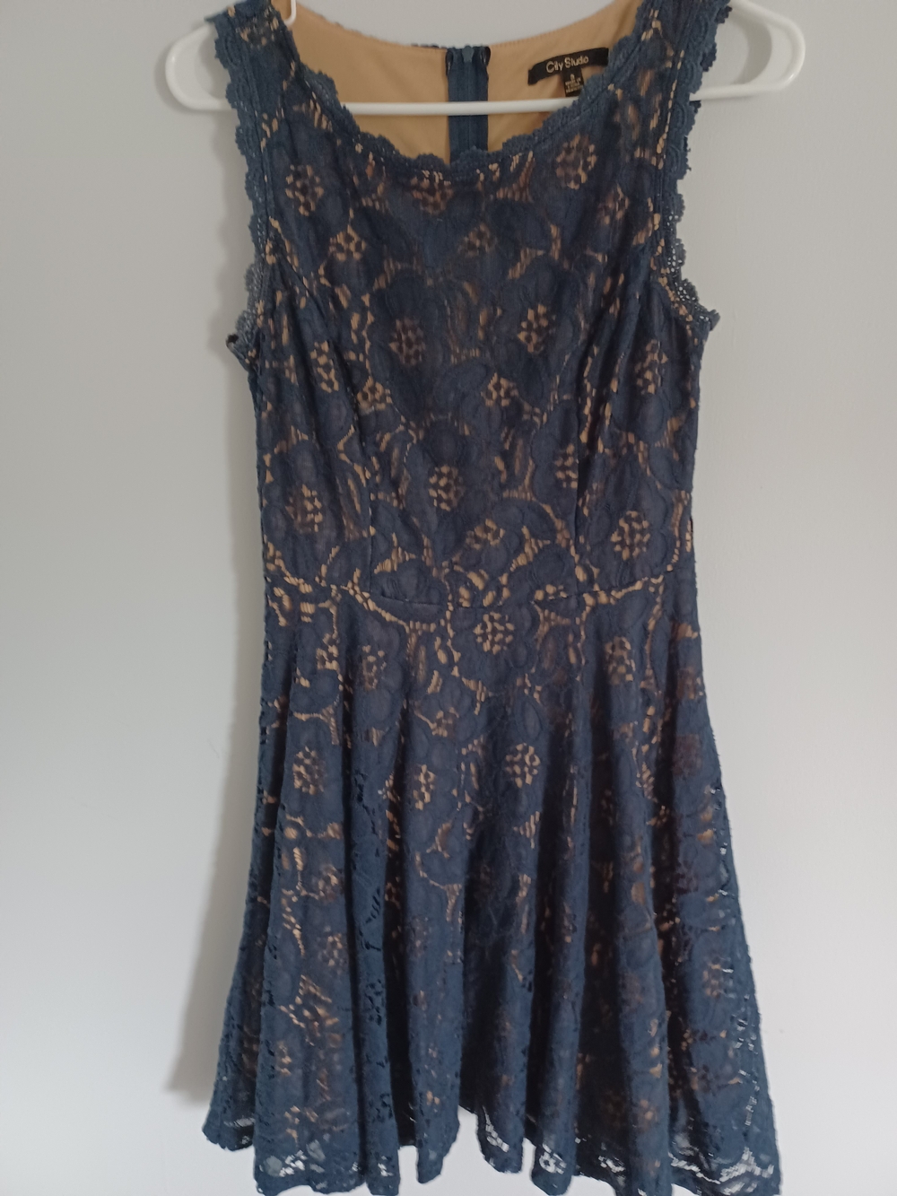 City Studio Navy Crochet-Edged Top with Beige Lining